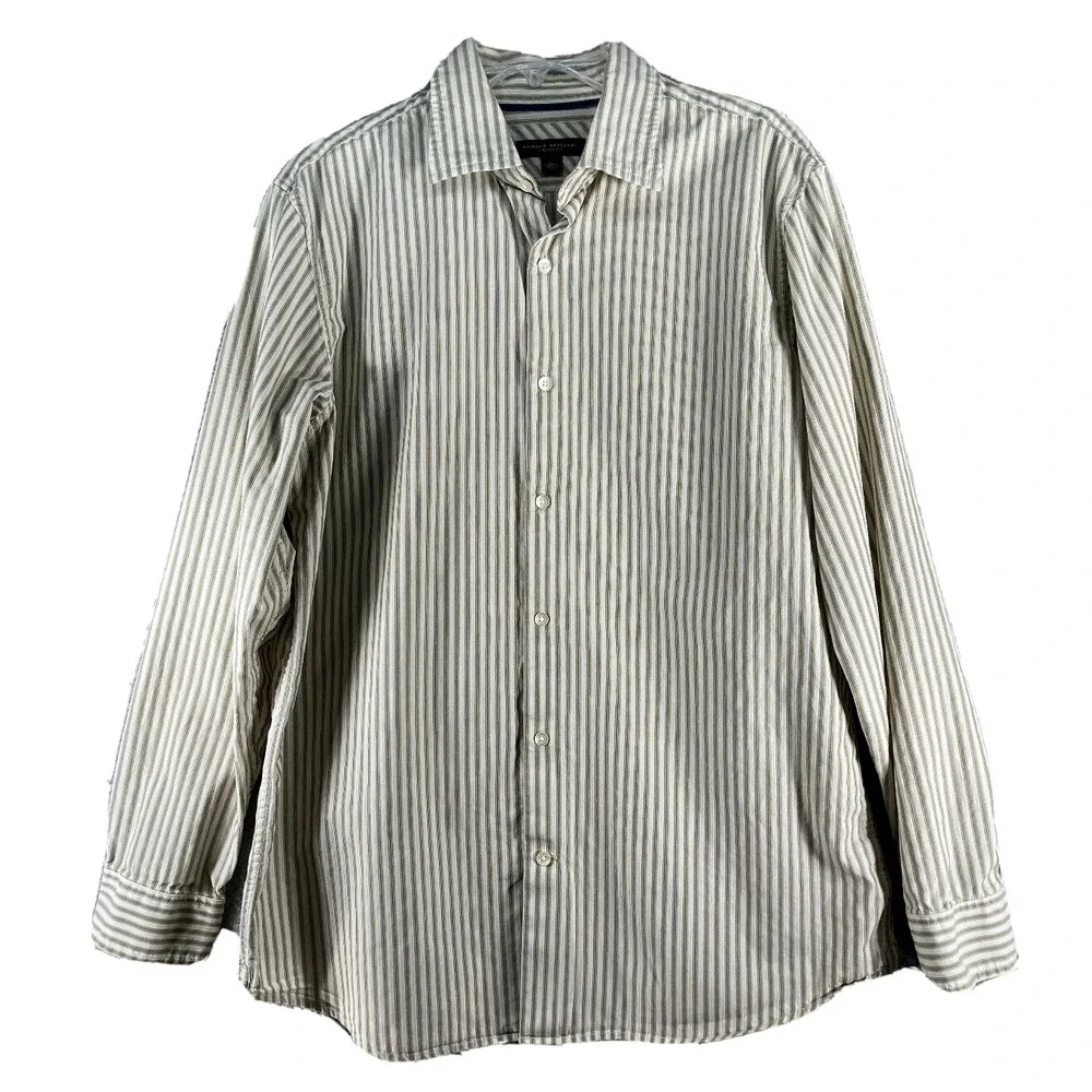 Banana‎ Republic Button Up Shirt Mens Large Green Tan Striped Classic Fit Cotton